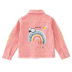 SXSHUN Mädchen Mode Jeansjacke Mit Muster Denim Jacke Übergangsjacke, Rosa+Regenbogen, 152-158 von SXSHUN