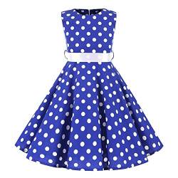 SXSHUN Mädchen Retro Vintage Rockabilly Kleid Partykleider Cocktailkleider Im 50er-Jahre-Stil, Blau + Weiß Punkt, 104/110 (Etikettengröße:110) von SXSHUN