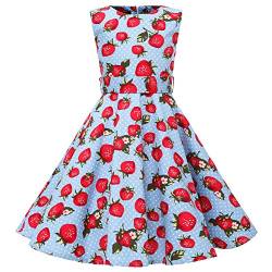 SXSHUN Mädchen Retro Vintage Rockabilly Kleid Partykleider Cocktailkleider Im 50er-Jahre-Stil, Blau + Weiße Erdbeere, 134/140 (Etikettengröße:140) von SXSHUN