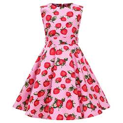 SXSHUN Mädchen Retro Vintage Rockabilly Kleid Partykleider Cocktailkleider Im 50er-Jahre-Stil, Rosa + Weiße Erdbeere, 104/110 (Etikettengröße:110) von SXSHUN