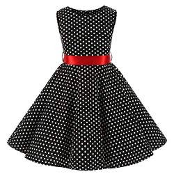 SXSHUN Mädchen Retro Vintage Rockabilly Kleid Partykleider Cocktailkleider Im 50er-Jahre-Stil, Schwarz + Weiß Punkt, 116 (Etikettengröße:120) von SXSHUN