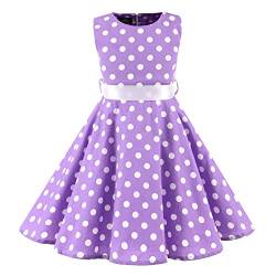 SXSHUN Mädchen Retro Vintage Rockabilly Kleid Partykleider Cocktailkleider Im 50er-Jahre-Stil, Violett + Weiß Punkt, 104/110 (Etikettengröße:110) von SXSHUN