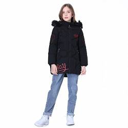 SXSHUN Mädchen Winterjacke mit Abnehmenbarer Fellkapuze Kinder Wintermantel Kälteschutz Warm Verdickte Daunenjacke Daunenmantel Parka, Schwarz, 146 (Etikettengröße:3XL) von SXSHUN