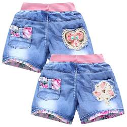 SXSHUN Shorts Mädchen Jeansshorts Kinder Denim Kurze Hose 2er-Pack Sommer Baumwolle Hosen mit Modische Druck, A, 104-110 von SXSHUN