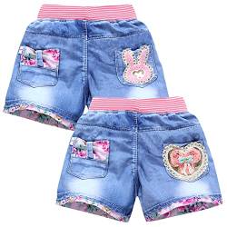 SXSHUN Shorts Mädchen Jeansshorts Kinder Denim Kurze Hose 2er-Pack Sommer Baumwolle Hosen mit Modische Druck, Kaninchen+Liebe, 146 von SXSHUN