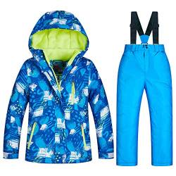 SXSHUN Unisex Kinder Schneeanzug mit Kapuze Skijacke + Skihose 2 teilig Verdickte Atmungsaktiv Skianzug Jungen Mädchen Skioverall Winteranzug, 110-116 von SXSHUN