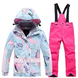 SXSHUN Unisex Kinder Skianzug mit Kapuze Schneeanzug Mädchen Jungen Funktionsanzug 2 teilig Schneejacke + Schneehose Wasserdicht Verdickte, 102-1 Hellrosa Hose, 116-122 von SXSHUN