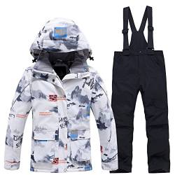 SXSHUN Unisex Kinder Skianzug mit Kapuze Schneeanzug Mädchen Jungen Funktionsanzug 2 teilig Schneejacke + Schneehose Wasserdicht Verdickte, 102-5 Schwarze Hose, 134-140 von SXSHUN