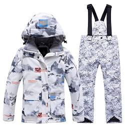 SXSHUN Unisex Kinder Skianzug mit Kapuze Schneeanzug Mädchen Jungen Funktionsanzug 2 teilig Schneejacke + Schneehose Wasserdicht Verdickte, 102-5 White Lightning Pants, 158 von SXSHUN