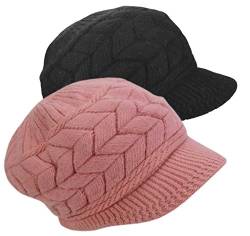 SYAYA Damen Winter warme Strickmütze Wolle Schnee Ski Caps mit Visier DMZ01, Y schwarz und rosa, M/XL von SYAYA