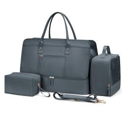 Weekender Taschen für Damen, Reisetasche, persönliche Gegenstände, Tasche mit Schuhfach, Übernachtungstasche mit Nassfach, Reisetasche, 3-teiliges Set, Blau Grau mit Schuhfach, Reisetasche mit von SYCNB