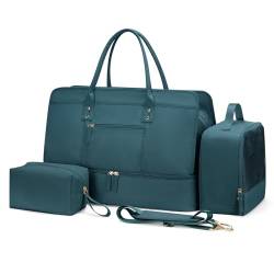 Weekender Taschen für Damen, Reisetasche, persönliche Gegenstände, Tasche mit Schuhfach, Übernachtungstasche mit Nassfach, Reisetasche, 3-teiliges Set, Pfauenblau mit Schuhfach, Reisetasche mit von SYCNB