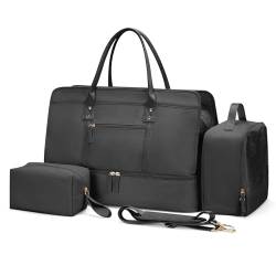 Weekender Taschen für Damen, Reisetasche, persönliche Gegenstände, Tasche mit Schuhfach, Übernachtungstasche mit Nassfach, Reisetasche, 3-teiliges Set, Schwarz von SYCNB