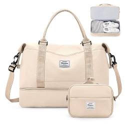 Weekender Taschen für Frauen, Reisetasche für persönliche Gegenstände mit Schuhfach, Reisetasche mit Nassfach und separater Kulturtasche, Turnbeutel, Beige von SYCNB