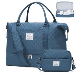 Weekender Taschen für Frauen, Reisetasche für persönliche Gegenstände mit Schuhfach, Reisetasche mit Nassfach und separater Kulturtasche, Turnbeutel, W-Grid-Blaugrün, Set (Reisetasche+Kulturtasche) von SYCNB