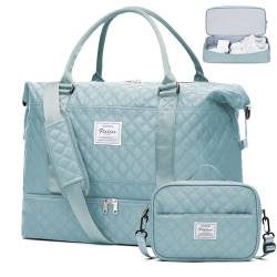 Weekender Taschen für Frauen, Reisetasche für persönliche Gegenstände mit Schuhfach, Reisetasche mit Nassfach und separater Kulturtasche, Turnbeutel, W-Grid-Light Blue, Set (Reisetasche+Kulturtasche) von SYCNB