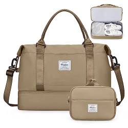 Wochenendtasche für Damen, persönliche Gegenstände, Reisetasche mit Schuhfach, Reisetasche mit Kulturbeutel, Khaki, Set (Reisetasche + Kulturbeutel) von SYCNB