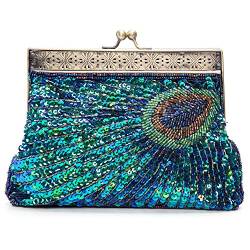 Damen Frauen Retro Clutch Abendtasche Handtasche mit Kettenriemen Perlen Pailletten Pfau 22 *4 *14 cm Blau von SYMALL