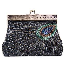 Damen Frauen Retro Clutch Abendtasche Handtasche mit Kettenriemen Perlen Pailletten Pfau 22 *4 *14 cm Schwarz von SYMALL