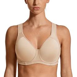 SYROKAN Damen Sport BH Starker Halt Verstellbarer X-Rücken, Große Brüste Leicht Gefüttert BHS mit bügel für Fitness Lauf Joggen Beige-A262 85G von SYROKAN