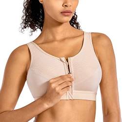 SYROKAN Damen Sport BH Starker Halt - Vorderverschluss Ohne Bügel Und Einlagen für Nach Brust OP Fitness Lauf Yoga Beige 70F von SYROKAN