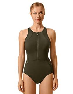 SYROKAN Damen Sport Badeanzug mit Reißverschluss Racerback Einteiler Bademode Dunkle Olive 34 von SYROKAN