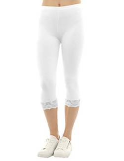 Damen Capri 3/4 Leggings Spitze Baumwolle Hose Weiss S von SYS