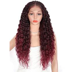 Hand Braided Lace Frontal Braids Wigs with Baby Hair for Black Women Synthetic Burgundy Red Mixed Black Swiss Soft Lace Front Braid Out Curly Wavy Wigs,24 inch von SYVI