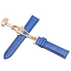 SZCURC Uhrenarmband aus echtem Leder 12-24 mm Universal-Schmetterlingsschnalle Stahlschnalle Armband, blaues Roségold, 24 mm von SZCURC