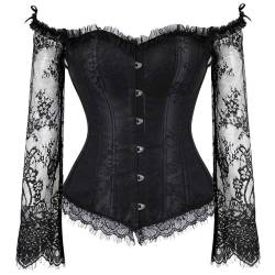 SZIVYSHI Frauen Halloween Weihnachten Overbust Lace up Rücken Korsett mit Schulter Ärmel, Schwarz -2XL(Taillenumfang:78cm) von SZIVYSHI