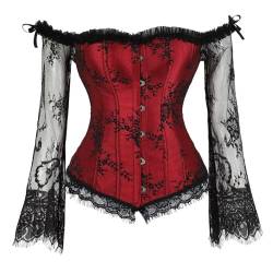 SZIVYSHI Korsett Damen Halloween Weihnachten Vollbrust Lace Up Corset Rücken Corsage mit Schulter Ärmel (Rot, S) von SZIVYSHI