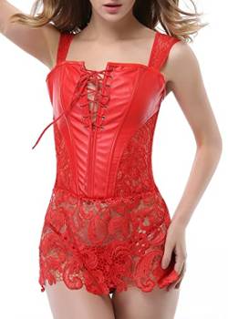 SZIVYSHI Korsett Damen Vollbrust Faux Leder Corsage Kleid - Corset - Rot - Übergröße 3XL von SZIVYSHI