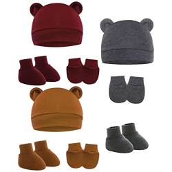 3 STÜCKE Neugeboren Baumwolle Baby Mütze und 3 STÜCKE Handschuhe +3 STÜCK Socken Fußabdeckungen Kleinkinder Babymütze Set Baumwolle Hüte und Kratzfäustlinge Beanie Knoten Hut für 0 bis 6 Monate von SZJIAHTM