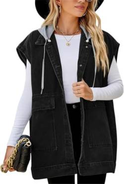 SZJIAHTM Damen Denim Vintage Jeansweste Jeansjacke mit Kapuze Oversized Weste Locker Ärmellos Frühling Casual Lange Jeansjacke L von SZJIAHTM