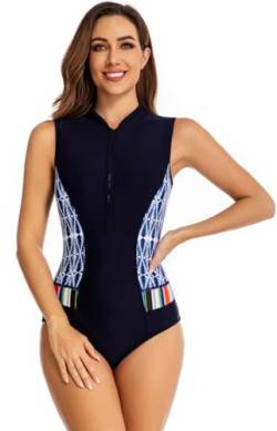 SZJIAHTM Damen Einteiliger Ärmellos Badeanzug Blume Monokini Athleti Sport Surfen Badeanzug mit Frontreißverschluss Schwimmanzug Bademode L von SZJIAHTM