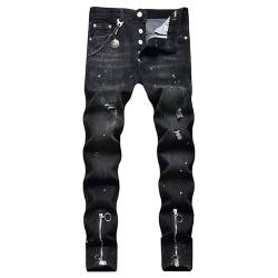 SZRXKJ Männer In voller Länge Gerade Design Front Reißverschluss Farben Dekor Hohe Elastische Baumwolle Jeans Hosen(32,Schwarz) von SZRXKJ