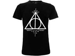 Offizielles T Shirt Harry Potter Logo Geschenke des Todes, Farbe Schwarz mit weißen Details, 100% Baumwolle, kurze Ärmel, Lizenzprodukt, Unisex, Größen für Erwachsene und Kinder., Schwarz , XXL von Sabor srl