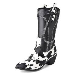 SacciButti Damen Cowboy Stiefel Mittelhoher Absatz Halbhoch Kuh-Druck Westernstiefel Pull On von SacciButti