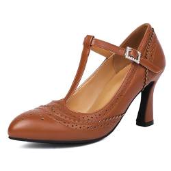 SacciButti Damen Klassisch T-Riemen Oxfords Pumps High Heels Mary Jane Schuhe Vintage Pumps Bequem Arbeit Schuhe Braun-T 38 von SacciButti