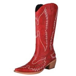 SacciButti Damen Klassische Cowboystiefel Pull on Bestickte Cowgirl Stiefel Mittelhoher Absatzs Schwarz Westernstiefel Nieten Cowgirl Stiefel Mid Calf Rot 38 von SacciButti