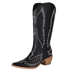 SacciButti Damen Klassische Cowboystiefel Pull on Bestickte Cowgirl Stiefel Mittelhoher Absatzs Schwarz Westernstiefel Nieten Cowgirl Stiefel Mid Calf Schwarz 40 von SacciButti