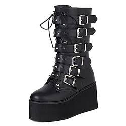 SacciButti Damen Reißverschluss Gothic Stiefel Keilabsatz Plateau Mid Calf Stiefel Runde Zehen Cool Stiefel Black Große 40 von SacciButti