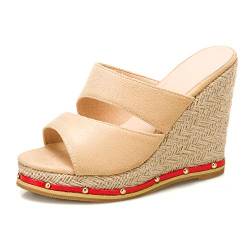 SacciButti Damen Wedge Pantoletten Wildleder Plateau Open Toe sandaletten High Keilabsatzs Ohne Verschluss Sommer Schuhe Beige size 45 Asiatisch von SacciButti