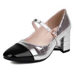 SacciButti Zweifarbig Mary Janes Damen Silber Metalllisch Pumps Cap Toe Blockabsatz Dress Pumps Crocodile Vintage Schuhe Silber 38 von SacciButti