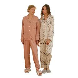 Sacebeleu Damen Pyjama Set Lang Baumwolle Satin Zweiteiliger Schlafanzug mit Knopfleiste Rosa Pink Langarm Weich Nachtwäsche Hausanzug Loungewear Set Nachthemd Elegant XL von Sacebeleu