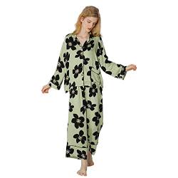 Sacebeleu Damen Zweiteiliger Schlafanzug Lang Pyjama Set Baumwolle Satin Grün Schwarz Blume mit Knopfleiste Langarm Weich Nachtwäsche Hausanzug Loungewear Set Nachthemd Elegant L von Sacebeleu