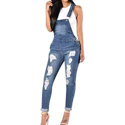 Denim Bib Zerrissene Jeans,Latzhose Damen Jumpsuit mit Retro Overalls Sommer Hose Lange Sommerhose,Blau,L von Saclerpnt