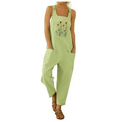 Saclerpnt Damen Latzhosen Jumpsuit Retro Jeans Overalls Einfarbig Blumen Drucken Spielanzug Frauen Ärmellos Playsuits Ärmelloser Bedruckter Overall,Lose Latzhose Strampler Baggy Playsuit,Grün,L von Saclerpnt