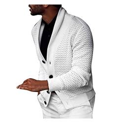 Saclerpnt Herren Revers Strickjacke Einreihig Cardigan V-Ausschnitt Gestrickte Jacke Zopfmuster Pullover(Weiß,XL) von Saclerpnt