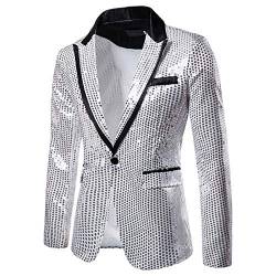 Saclerpnt Herren Sakko Slim-Fit Pailletten Glitzer Anzugjacke Mode Party Revers Blazer Freizeit Anzug Jacket Smoking(Silber，M) von Saclerpnt